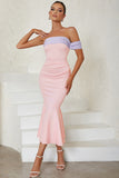 Pink Mermaid Off The Shoulder Tea Length Wedding Guest Dress