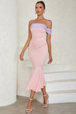 Pink Mermaid Off The Shoulder Tea Length Wedding Guest Dress