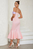 Pink Mermaid Off The Shoulder Tea Length Wedding Guest Dress