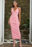 Pink Sheath V Neck Tea Length Ruched Wedding Guest Dress