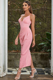 Pink Sheath V Neck Tea Length Ruched Wedding Guest Dress