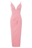 Pink Sheath V Neck Tea Length Ruched Wedding Guest Dress