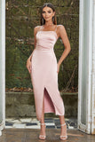 Dusty Rose Sheath Spaghetti Straps Wedding Guest Dress with Slit