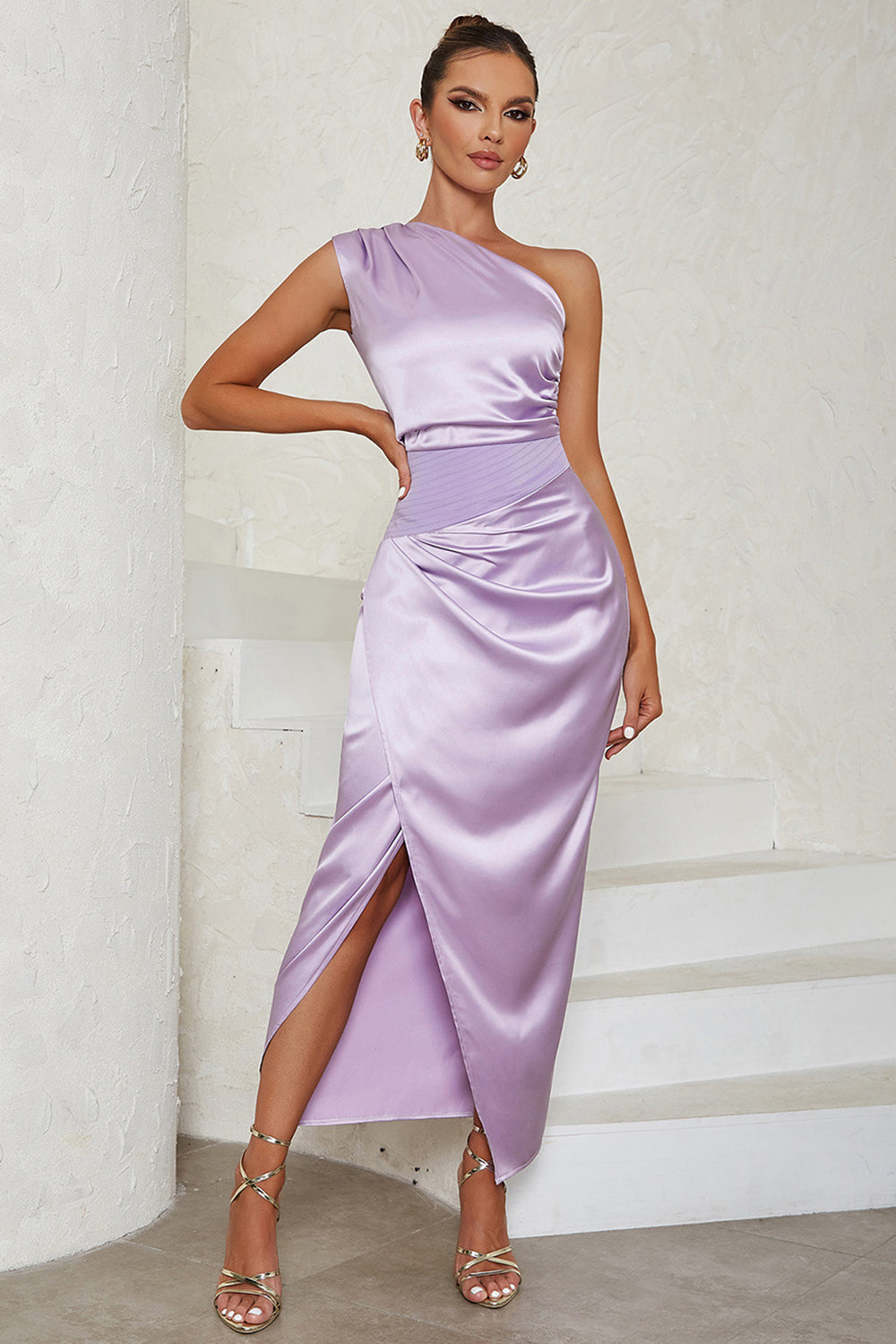 Lavender Sheath One Shoulder Tea Length Formal Dress with Slit
