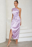 Lavender Sheath One Shoulder Tea Length Formal Dress with Slit