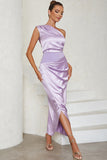 Lavender Sheath One Shoulder Tea Length Formal Dress with Slit