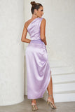 Lavender Sheath One Shoulder Tea Length Formal Dress with Slit