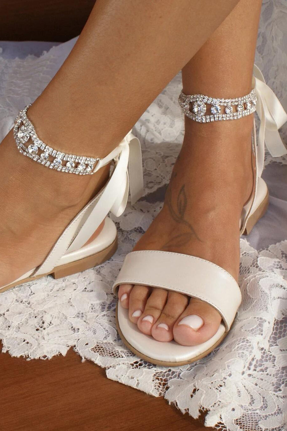 Ivory Rhinestones Open Toe Lace Up Flat Bridal Shoes