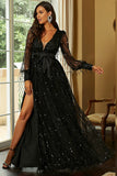 Sparkly Black A-Line V-Neck Prom Dress With Slit