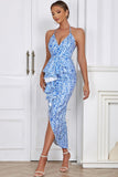 Light Blue Asymmetrical Halter Tea-Length Wedding Party Dress