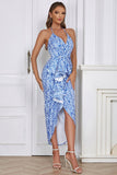 Light Blue Asymmetrical Halter Tea-Length Wedding Party Dress
