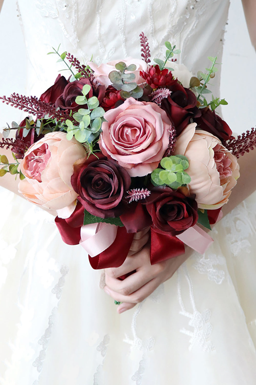 Burgundy Elegant/Fascinating Round Silk Flower Bridal Bouquets