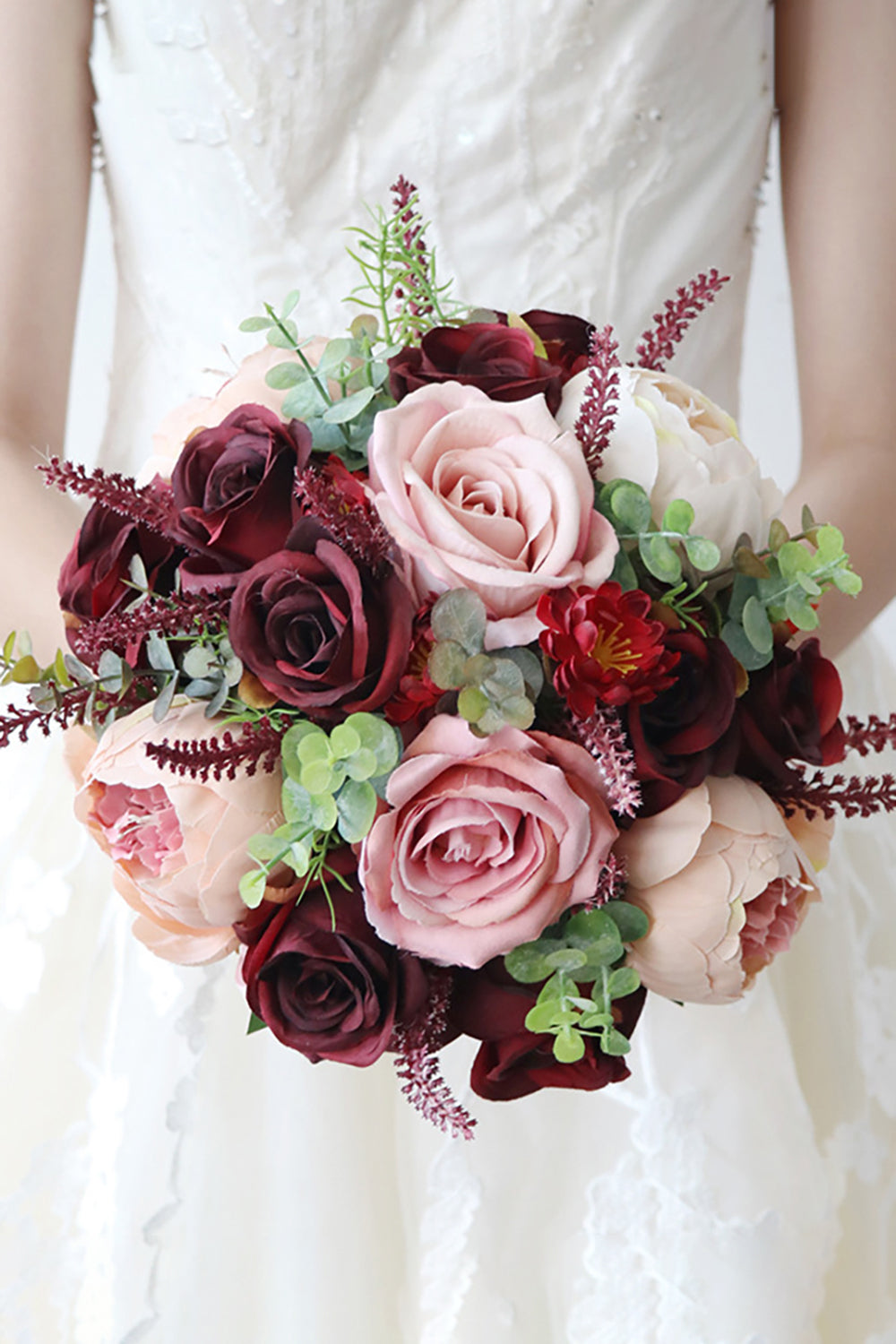 Burgundy Elegant/Fascinating Round Silk Flower Bridal Bouquets