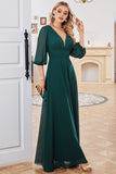 A Line V Neck Floor Length Dark Green Chiffon Evening Dress With Half Sleeves