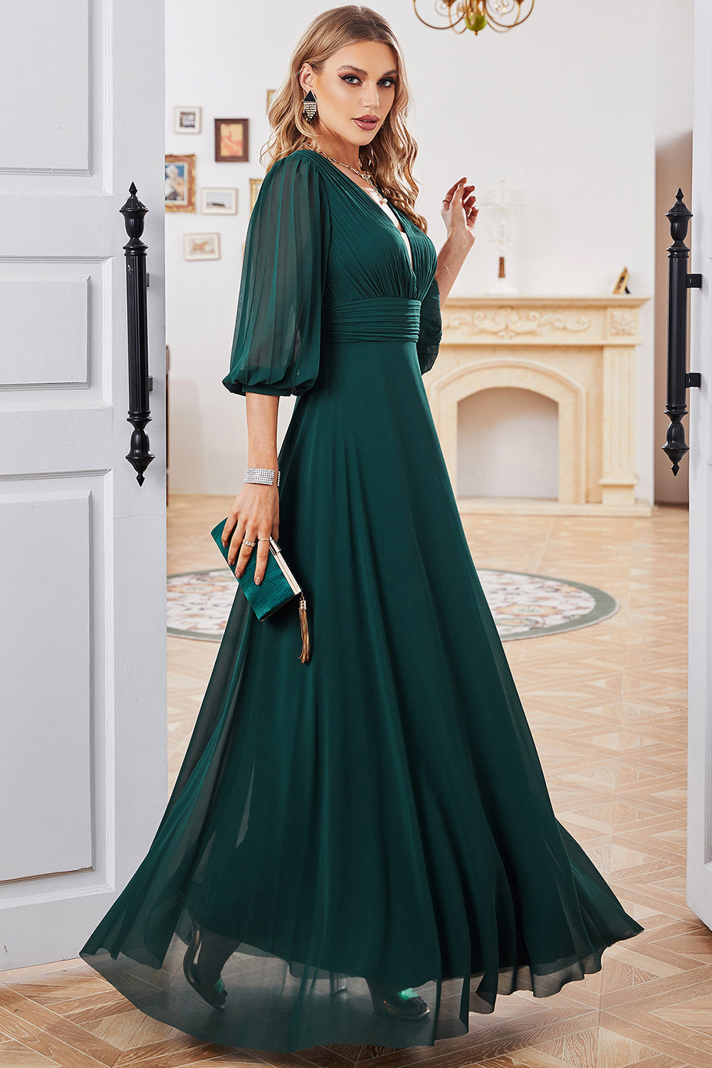 Wedtrend Women Chiffon Dark Green Evening Dress A Line V Neck Floor Length Mother Of The Bridal Dress With Half Sleeves WEDTREND Wedtrend Women Chiffon Dark Green Evening Dress A Line V Neck Floor Length Mother Of The Bridal Dress With Half Sleeves WEDTREND
