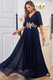 Navy A Line V Neck Floor Length Chiffon Evening Dress For Mom