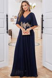 Navy A Line V Neck Floor Length Chiffon Evening Dress For Mom