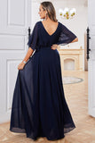 Navy A Line V Neck Floor Length Chiffon Evening Dress For Mom