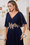 Navy A Line V Neck Floor Length Chiffon Evening Dress For Mom