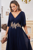 Navy A Line V Neck Floor Length Chiffon Evening Dress For Mom