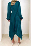 Peacock A Line V Neck Asymmetrical Pleated Evening Dress with Long Sleeves