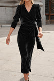 Elegant Dark Green V Neck Velvet Evening Gown Dress With Long Sleeves