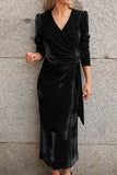 Elegant Dark Green V Neck Velvet Evening Gown Dress With Long Sleeves