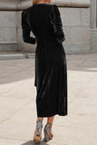 Elegant Dark Green V Neck Velvet Evening Gown Dress With Long Sleeves