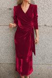 Elegant Dark Green V Neck Velvet Evening Gown Dress With Long Sleeves