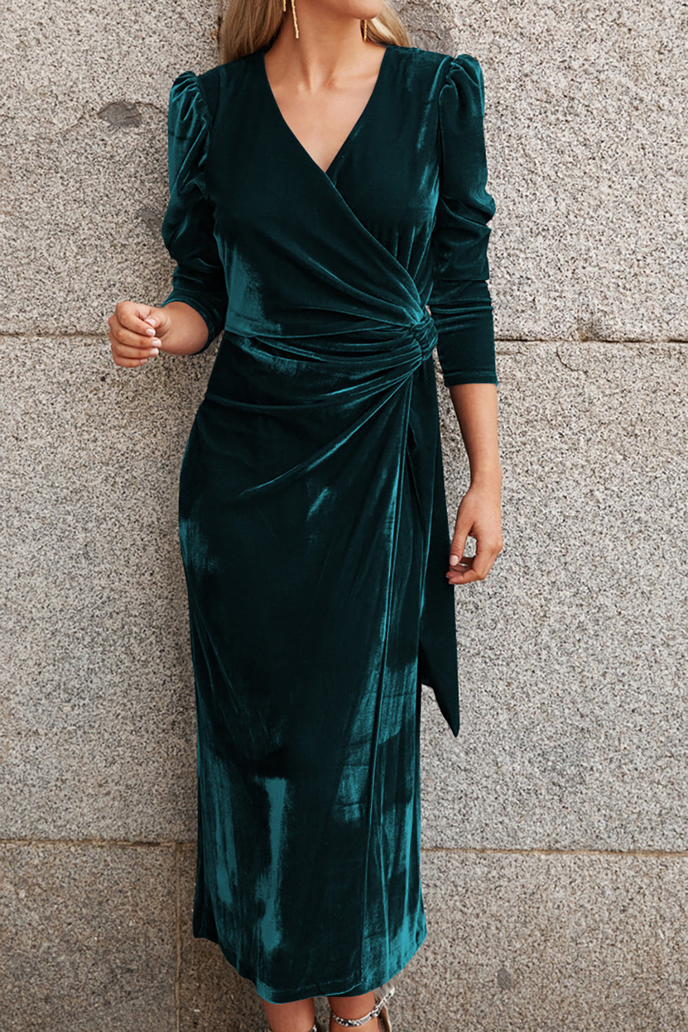Elegant Dark Green V Neck Velvet Evening Gown Dress With Long Sleeves