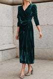 Elegant Dark Green V Neck Velvet Evening Gown Dress With Long Sleeves