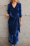 Elegant Dark Green V Neck Velvet Evening Gown Dress With Long Sleeves