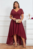 Burgundy A Line V Neck Asymmetrical Plus Size Evening Dress