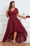 Burgundy A Line V Neck Asymmetrical Plus Size Evening Dress