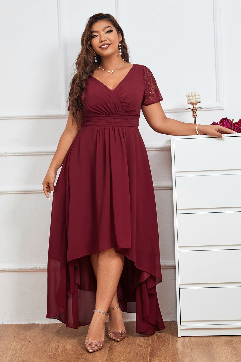 Wedtrend Women Burgundy Evening Dress A Line V Neck Asymmetrical