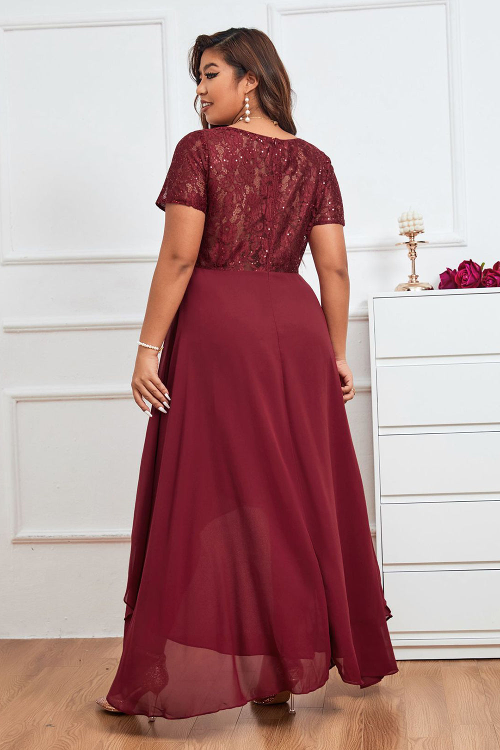 burgundy color dress plus size Idia Plus Size Evening Gown In Burgundy