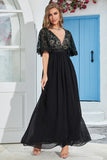 Temperament Black A Line V Neck Floor Length Chiffon Embroidered Evening Dress