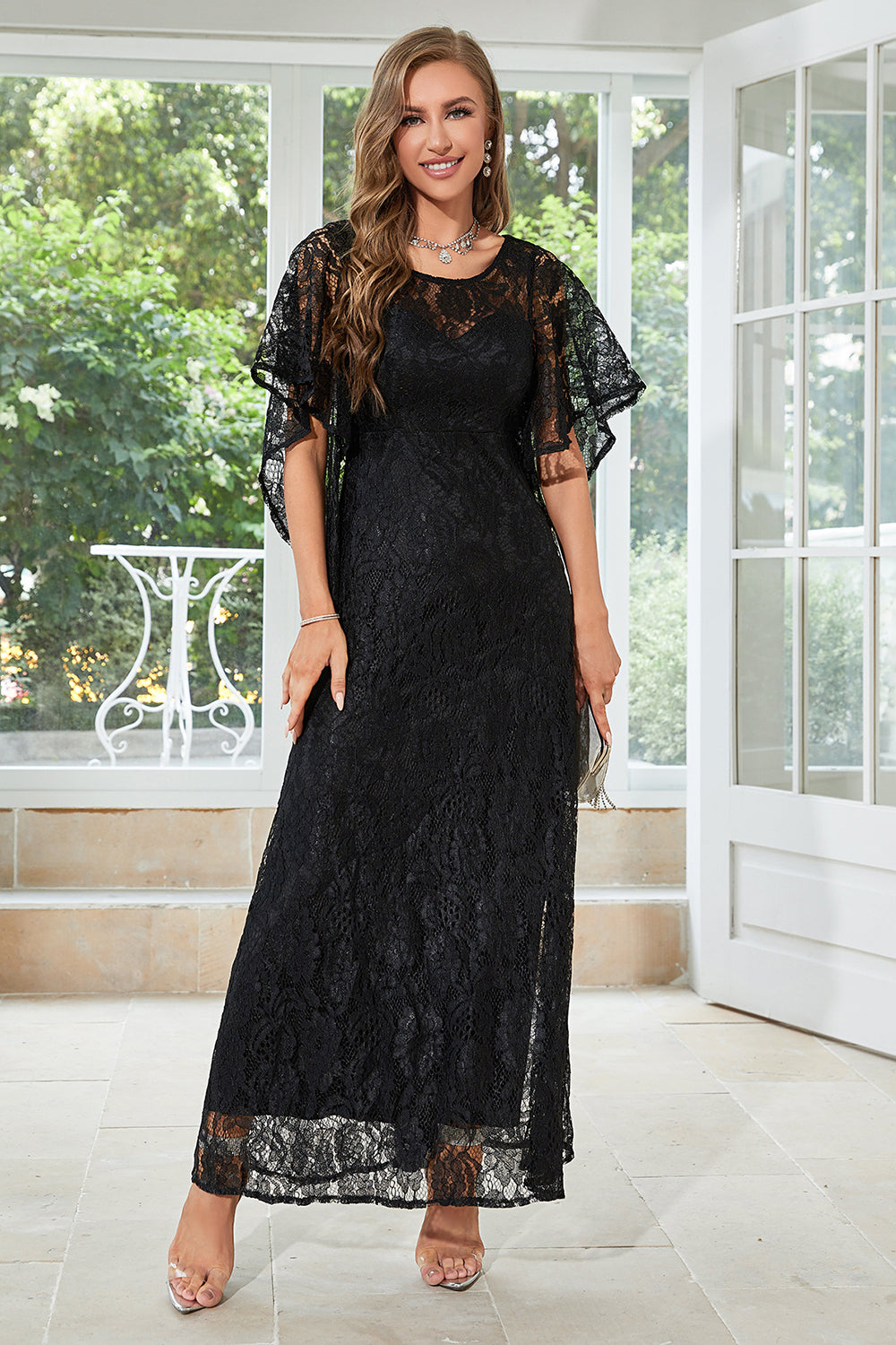 Wedtrend Women Dusty Rose Evening Dress A Line Round Neck Floor Length Lace Mother Of The Bridal Dress With Short Sleeves WEDTREND Wedtrend Women Dusty Rose Evening Dress A Line Round Neck Floor Length Lace Mother Of The Bridal Dress With Short Sleeves WEDTREND