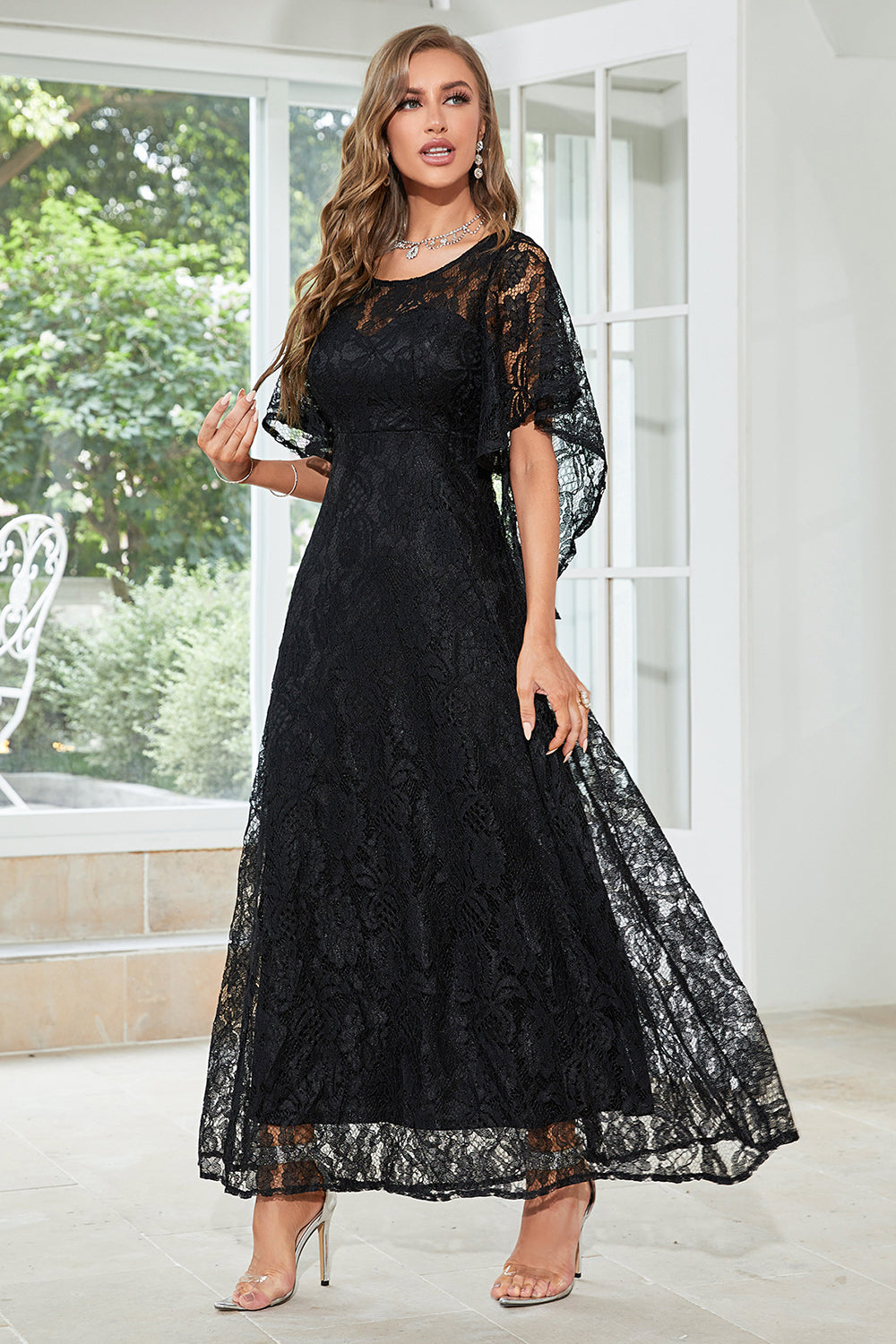 Wedtrend Women Dusty Rose Evening Dress A Line Round Neck Floor Length Lace Mother of The Bridal Dress with Short Sleeves, Black / M Wedtrend Women Dusty Rose Evening Dress A Line Round Neck Floor Length Lace Mother of The Bridal Dress with Short Sleeves, Black / M
