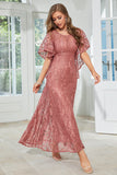 Elegant A Line Round Neck Floor Length Lace Dusty Rose Evening Dress