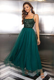 Sparkly Pine Tulle Lace-Up Back Formal Dress with Sequins
