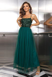 Sparkly Pine Tulle Lace-Up Back Formal Dress with Sequins