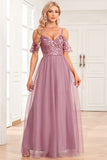 Dusty Rose A Line Spaghetti Straps Sequins Lace Evening Dress