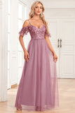 Dusty Rose A Line Spaghetti Straps Sequins Lace Evening Dress