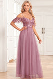 Dusty Rose A Line Spaghetti Straps Sequins Lace Evening Dress