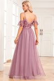 Dusty Rose A Line Spaghetti Straps Sequins Lace Evening Dress