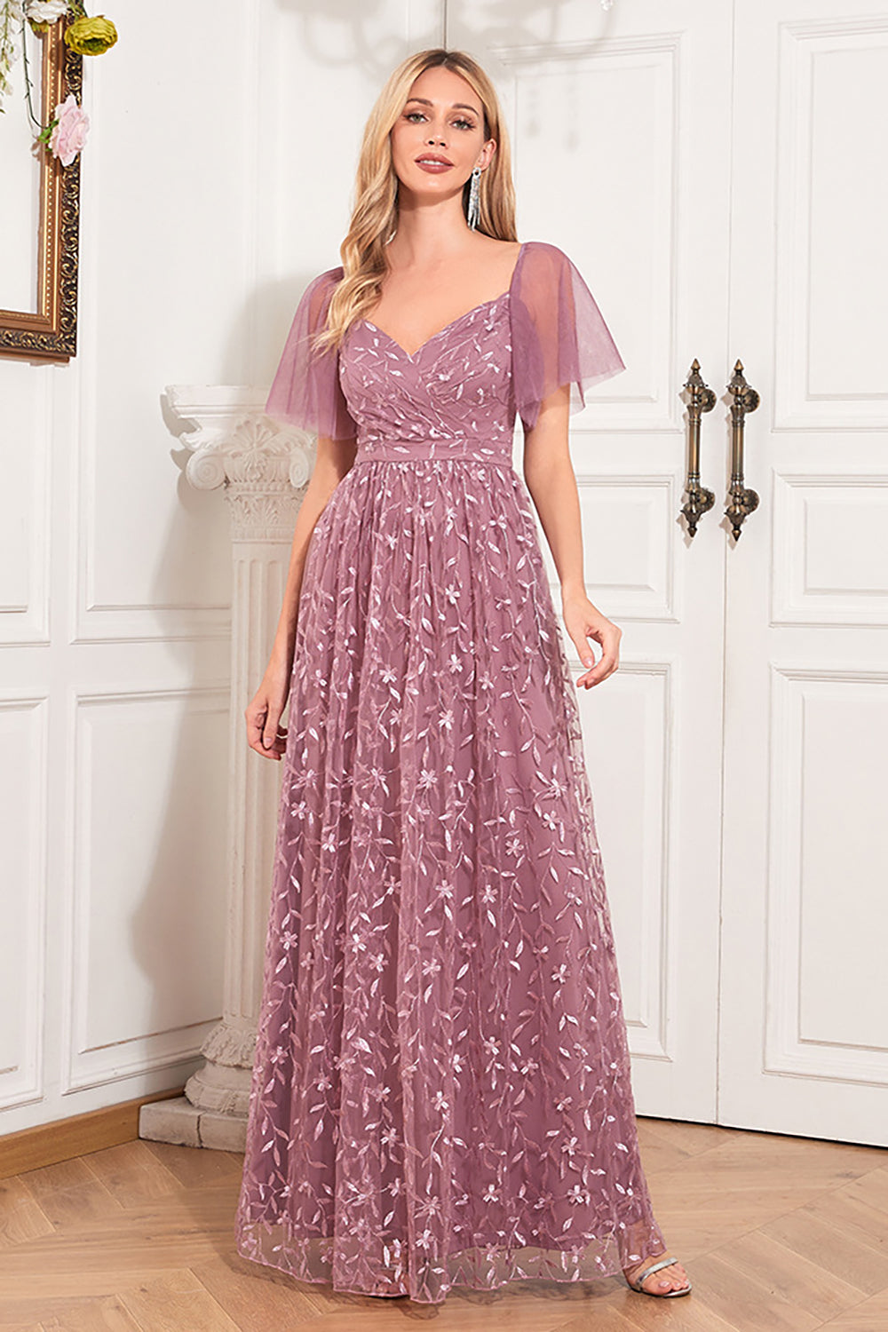 Wedtrend Women Dusty Rose A Line Sweetheart Sequins Lace Evening Dress With Short Sleeves WEDTREND Wedtrend Women Dusty Rose A Line Sweetheart Sequins Lace Evening Dress With Short Sleeves WEDTREND