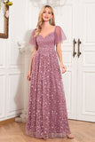 Dusty Rose A Line Sweetheart Sequins Lace Evening Dress With Short Sleeves