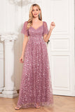 Dusty Rose A Line Sweetheart Sequins Lace Evening Dress With Short Sleeves