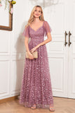 Dusty Rose A Line Sweetheart Sequins Lace Evening Dress With Short Sleeves